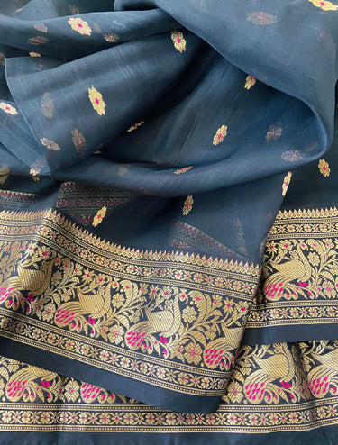 Chanderi Silk saree | Black | Handwoven | Silk Mark | Ships from California